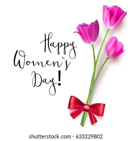 Template greeting card with tulips tied with a red bow. Happy women s day, congratulations for nice and lovely people. Realistic Tulip flower on white background.