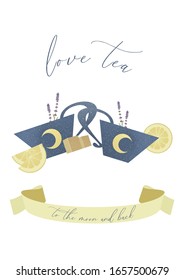 Template of greeting card with two blue cup of tea, moon, stars, lemon slice, brown sugar, lavender isolated on white background. Template for print, poster and card making. Flat.  Vector illustration