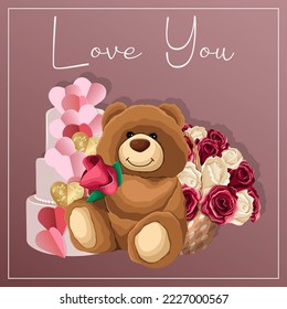 Template of greeting card for Valentine's day, congratulation, print. Vector illustration of Teddy bear, rose basket, cake with hearts, lettering Love you isolated on pink.