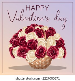 Template of greeting card for Valentine's day, congratulation, print. Vector illustration of red and white roses in wicker basket, lettering Happy Valentine's day isolated on purple pink. 