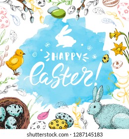 Template greeting card. Vector handwritten inscription Happy Easter. Modern calligraphy. Vintage floral background with engraving elements: egg, willow, nest, bunny and cake. Sketch. Blue watercolor.