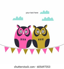 Template greeting card, vector illustration with owls.