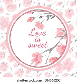 Template greeting card with vector picture of the delicate flowers of sakura cherry 
