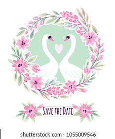 Template greeting card or wedding invitation with flowers and swans. Freehand drawing