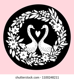 Template greeting card or wedding invitation with flowers and swans. Freehand drawing