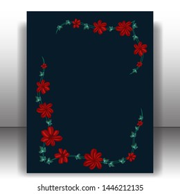 Template greeting card, wedding invitation, invitation for an anniversary, celebration or other holiday. Dark blue background and red flowers with green leaves. Vector illustration.