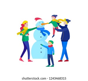 template greeting card winter Holidays. Merry Christmas and Happy New Year Website. People Characters family makes family snowman