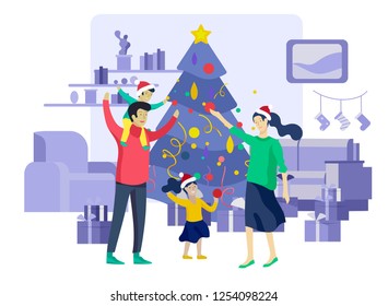 template greeting card winter Holidays. Merry Christmas and Happy New Year Website. People Characters family with present decorating Christmas tree on background of interior living room