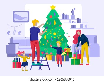 template greeting card winter Holidays. Merry Christmas and Happy New Year Website. People Characters family with present decorating Christmas tree on background of interior living room