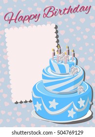 Template greeting card with the words Happy Birthday and place for text. Tiered cake with blue icing, whipped cream, roses and candles. Blue background with hearts.