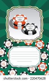 Template for greeting cards, business cards or flyers with space for text. Illustration with stylized poker chips. Pirate symbols.