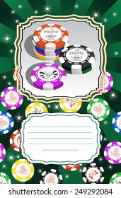 Template for greeting cards, business cards or flyers with space for text. Illustration with stylized poker chips. Pirate symbols and jester.