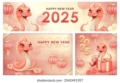 Template of Greeting cards with cute pink 3d cheerful snakes representing 2025 Lunar New Year of the Snake surrounded by traditional Chinese lanterns, gift box and plum blossoms on beige background.