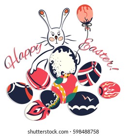 Template greeting cards for Easter. Funny cartoon Easter Bunny with painted eggs isolated on white background. Vector image