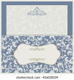 Template greeting cards, invitations  and advertising banners, brochures with space for text. Vintage Invitation or wedding card with damask background and elegant floral elements. 