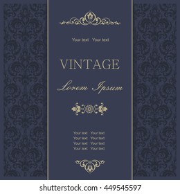 Template greeting cards, invitations and advertising banners, brochures with space for text. Vintage Invitation or wedding card with damask pattern and elegant floral elements in dark blue and gold