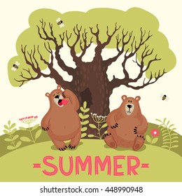 Template greeting cards and invitations with a bear in the woods. Summer