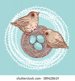 Template greeting cards and invitations with birds and a nest. Freehand drawing