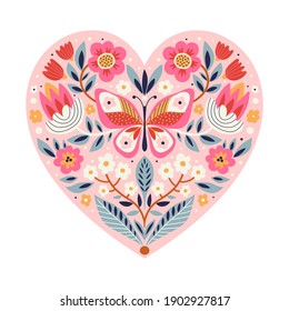 Template greeting cards and invitations with a heart. Decorative flowers and butterfly. Can be used for scrapbook, banner, print, etc.