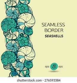 Template for greeting cards, invitations, posters, brochures or banners. Hand-drawing Seamless pattern of seashells.