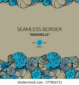 Template for greeting cards, invitations, posters, brochures, banners. Hand drawing Seamless pattern of seashells.