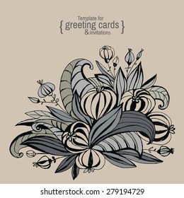 Template for greeting cards, invitations, posters, brochures or banners. Hand-drawing fancy flowers with leaves.
