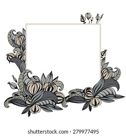 Template for greeting cards, invitations, posters, brochures or banners. Hand-drawing fancy flowers with leaves.
