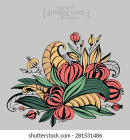 Template for greeting cards, invitations, posters, brochures or banners. Hand-drawing fancy flowers with leaves.