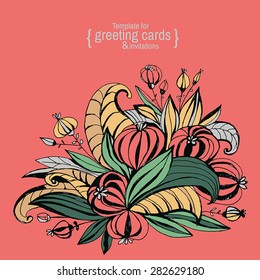 Template for greeting cards, invitations, posters, brochures or banners. Hand-drawing fancy flowers with leaves. 
