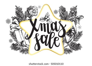 Template for greeting cards, invitations, posters, flyers with brush lettering "Xmas sale". Festive background with hand drawn elements. Vector illustration.