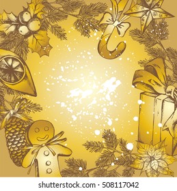Template for greeting cards, invitations, posters, flyers. Festive golden background with hand drawn elements. Vector illustration with christmas attributes.   