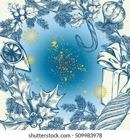 Template for greeting cards, invitations, posters, flyers. Festive vintage background with hand drawn elements. Vector illustration with Christmas and New Year attributes. 