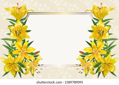 Template for greeting cards, invitations with a rectangular frame, decorated with yellow lilies flowers.