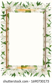 Template for greeting cards, invitations with a rectangular frame, decorated with white lilies flowers.
