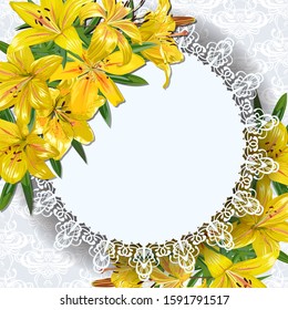 Template for greeting cards, invitations with a round frame, decorated with yellow lilies flowers.