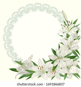 Template for greeting cards, invitations with a round frame, decorated with white lilies flowers.