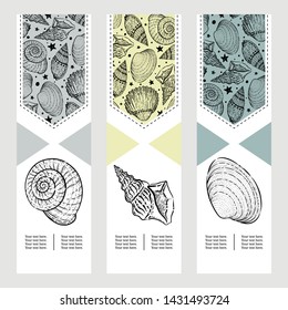 Template greeting cards or invitations with seashells. Freehand drawing with space for text