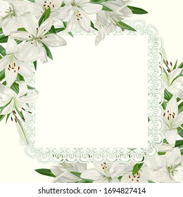 Template for greeting cards, invitations with a square frame, decorated with white lilies flowers.