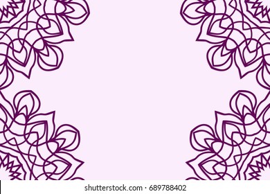 Template greeting cards with mandala. Vector illustration for your design. Vintage pattern in retro style with ornament. Purple color