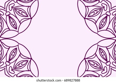 Template greeting cards with mandala. Vector illustration for your design. Vintage pattern in retro style with ornament. Purple color