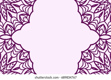 Template greeting cards with mandala. Vector illustration for your design. Vintage pattern in retro style with ornament. Purple color