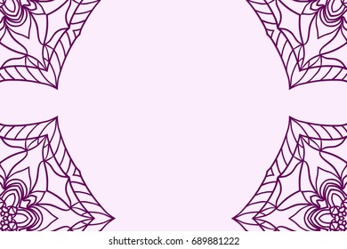 Template greeting cards with mandala. Vector illustration for your design. Vintage pattern in retro style with ornament. Purple color