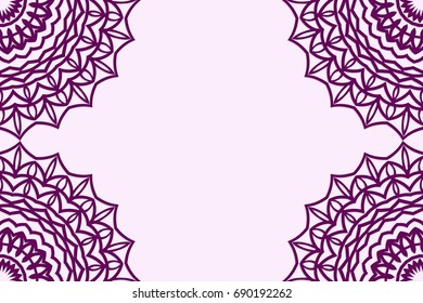 Template greeting cards with mandala. Vector illustration for your design. Vintage pattern in retro style with ornament. Purple color