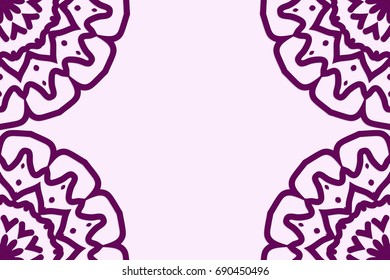 Template greeting cards with mandala. Vector illustration for your design. Vintage pattern in retro style with ornament. Purple color