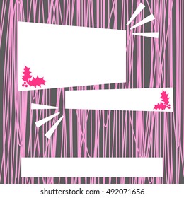 Template for greeting cards in the style of an atomic 1950s, New Year, Christmas, discounts and sale, an invitation. Striped background, white figure and leaves of holly with berries. Vector EPS 8