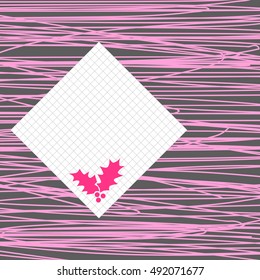 Template for greeting cards in the style of an atomic 1950s, New Year, Christmas, discounts and sale, an invitation. Striped background, white figure and leaves of holly with berries. Vector EPS 8