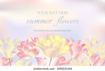 Template for greeting cards, wedding decorations, sales. Vector horizontal banner with tulips. Spring or summer design.