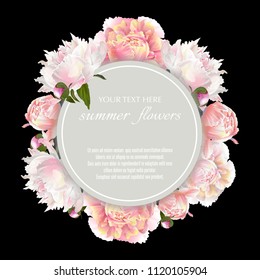 Template for greeting cards, wedding decorations, sales. Round Vector banner with peonies flowers. Spring or summer design.