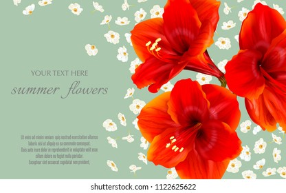 Template for greeting cards, wedding decorations, sales. Vector banner with Luxurious bright red Hippeastrum flowers. Spring or summer design.