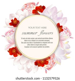 Template for greeting cards, wedding decorations, sales. Round Vector banner with Luxurious peony and tulips flowers. Spring or summer design.